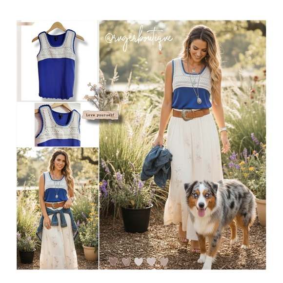 🌿Art Class Blue Crochet Bodice Sleeveless Top Boho Youth XL 14/16 Women’s Small - Picture 9 of 11